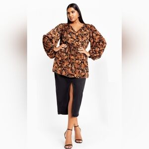 City Chic Boho Chic Black Paisley Aubree Print Top Blouse Tunic